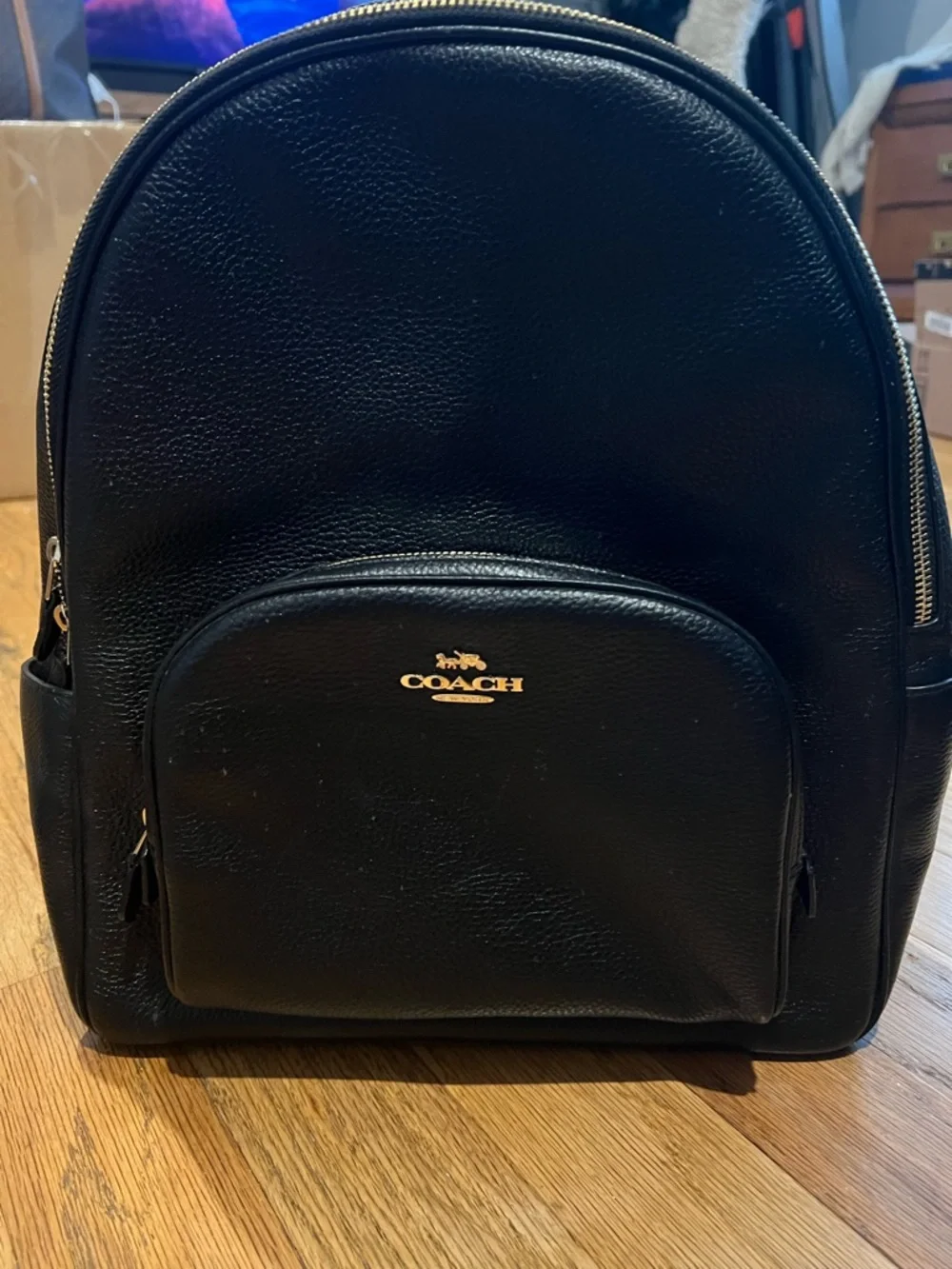 Coach Black Pebbled Leather Backpack with Gold Logo - Picture 2 of 9